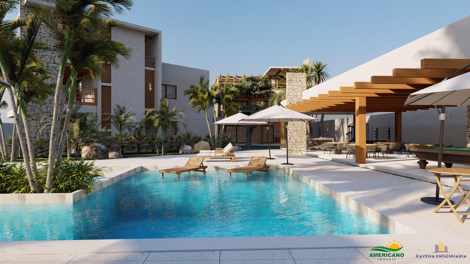 Piscina e bangalôs do Beach Home Flecheiras